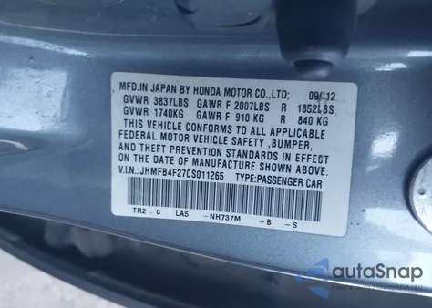 2012 Honda Civic Hybrid from USA, damaged, VIN JHMFB4F27CS011265